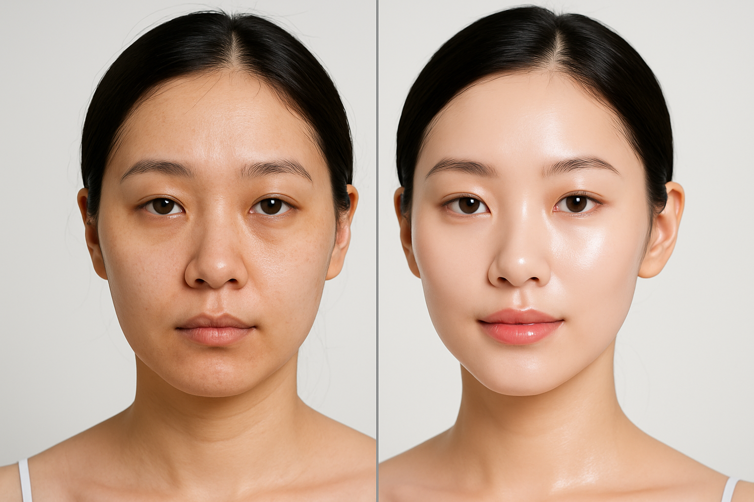 Before and after portrait of Korean woman, dull skin vs radiant glass skin, clear side-by-side, professional lighting.