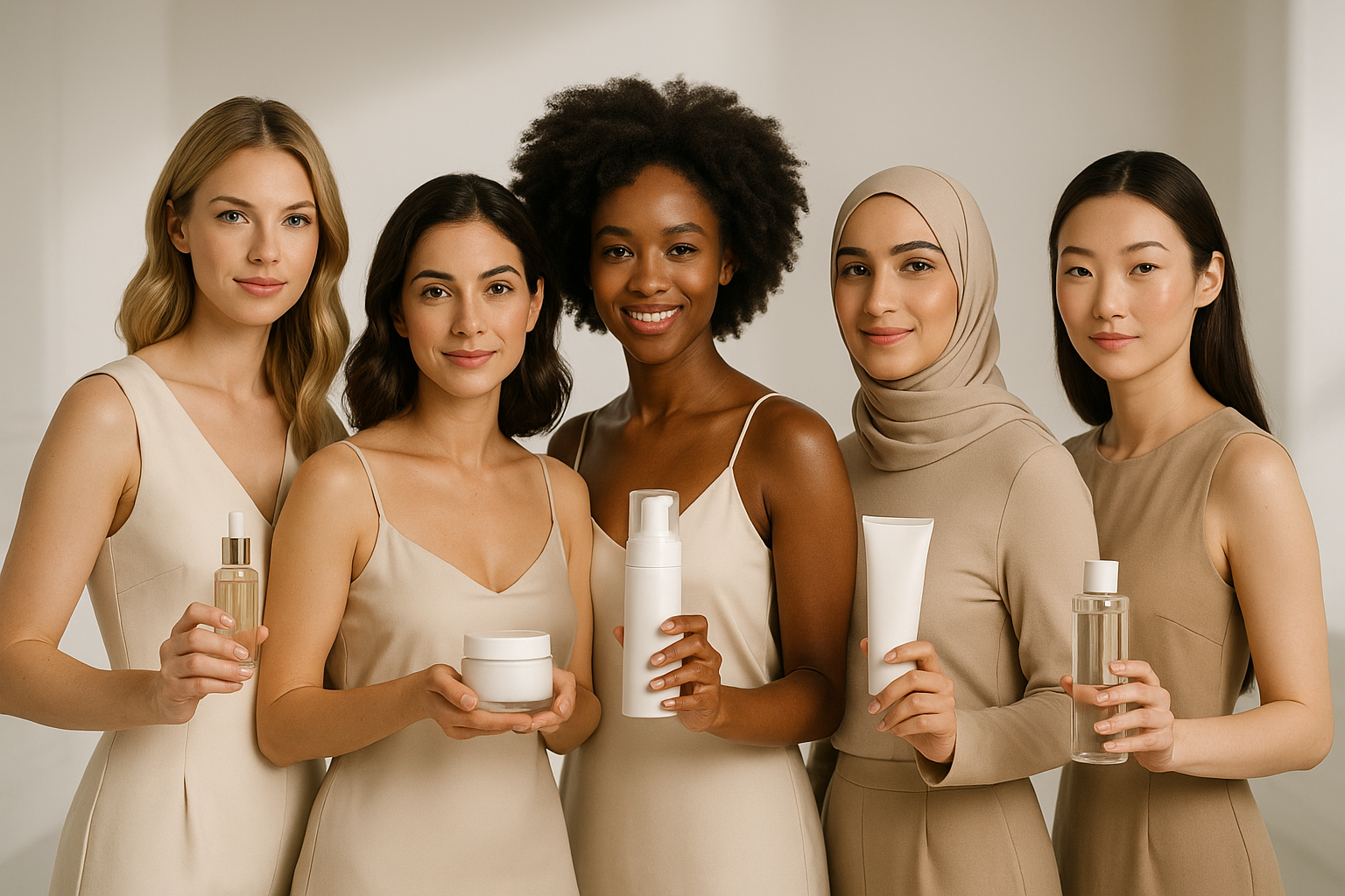 Five diverse models (Caucasian, Mediterranean, Black, Arab, East Asian) standing together, each holding a skincare product symbolizing their unique routine, clean studio background, luxury lighting.